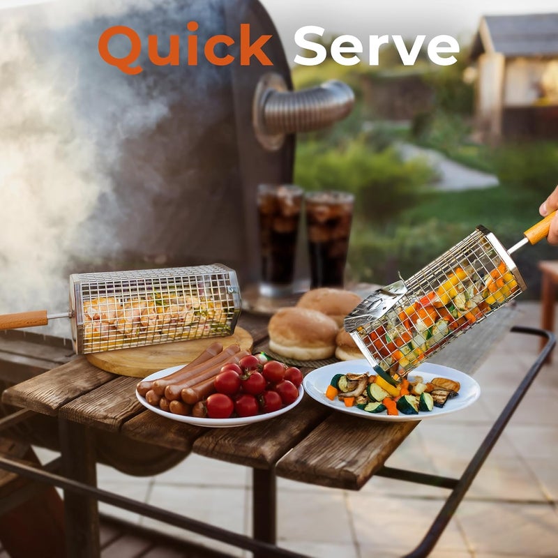 Otawe 2 Pack Rolling Grill Basket – Stainless Steel Grilling Basket with Lid and Removable Wooden Handle – BBQ Accessories for Vegetables, Shrimp, Meat – Outdoor Cooking Gift for Dad or Husband – - Image 5